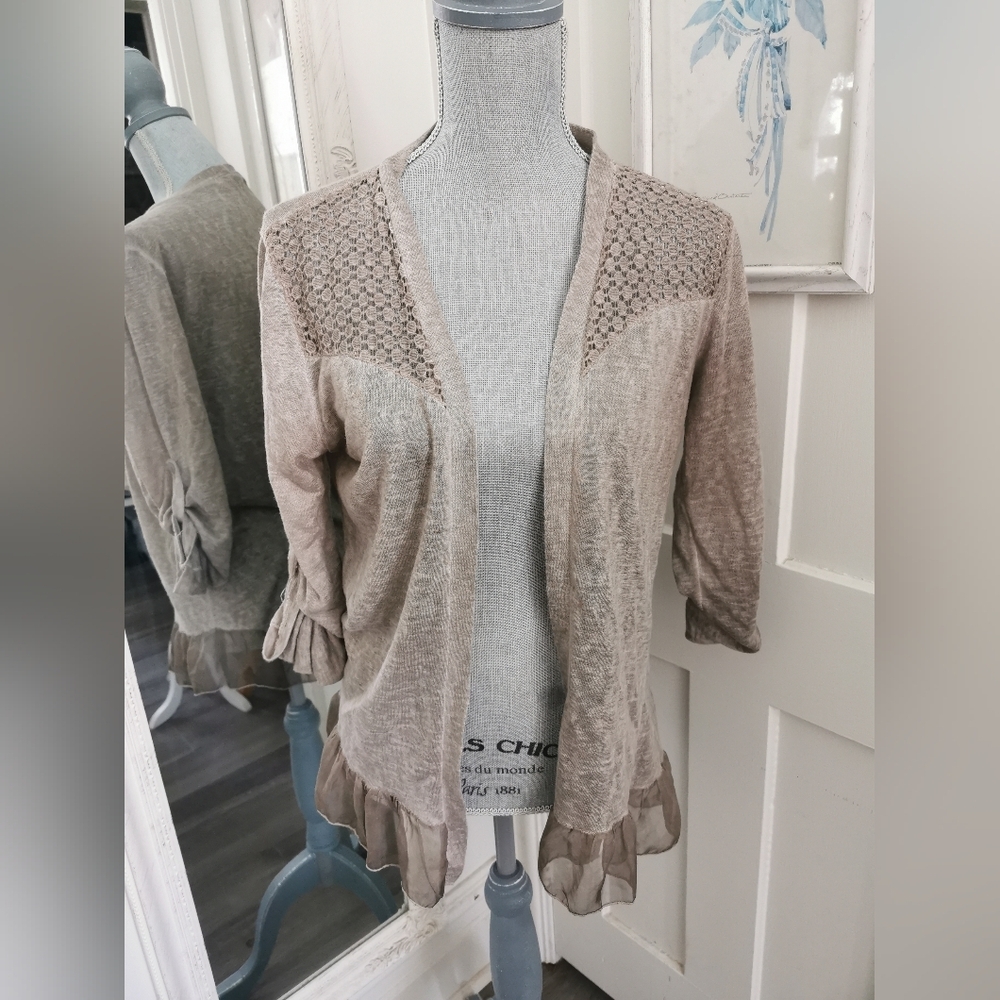Elena Baldi Eyelet Chiffon Open Cardigan/Chiffon Ruffles. Made in Italy. Size L